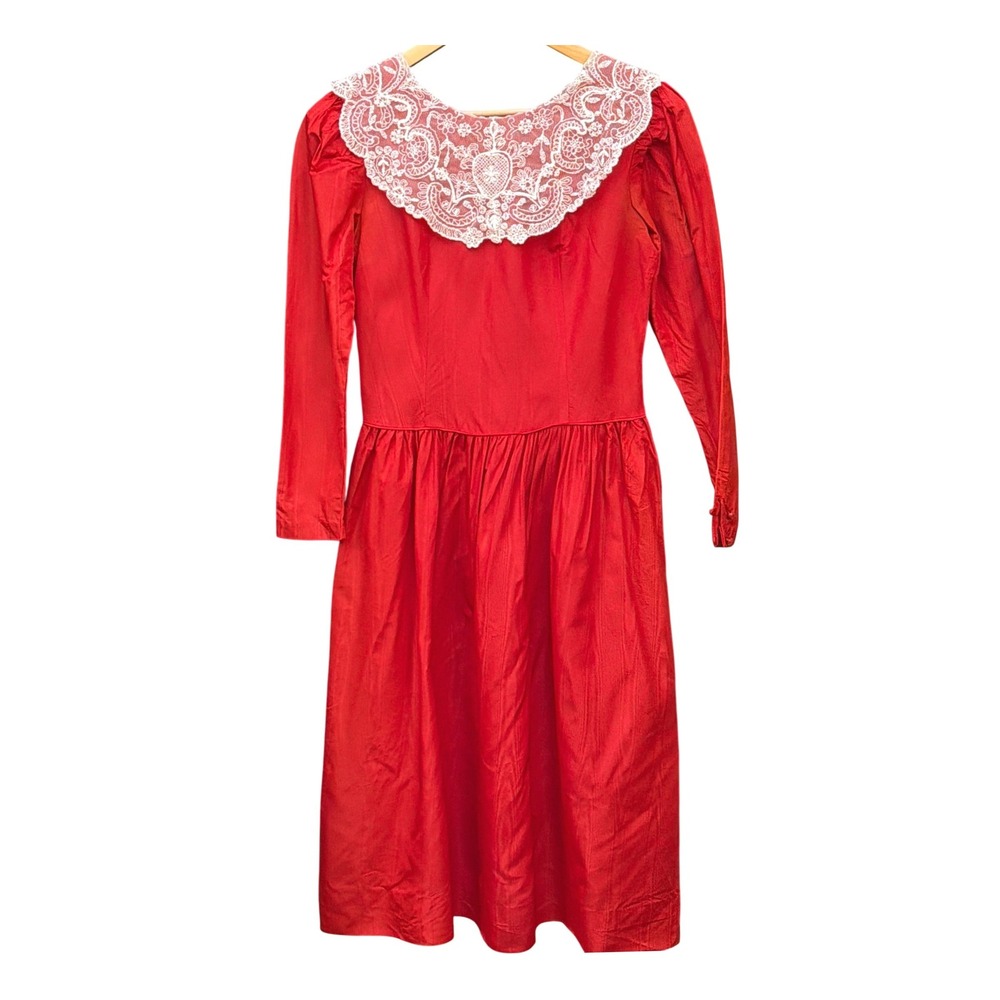 Vintage Misty Lane Red Lace Collar Dress Cottagecore Victorian Romantic Holiday
